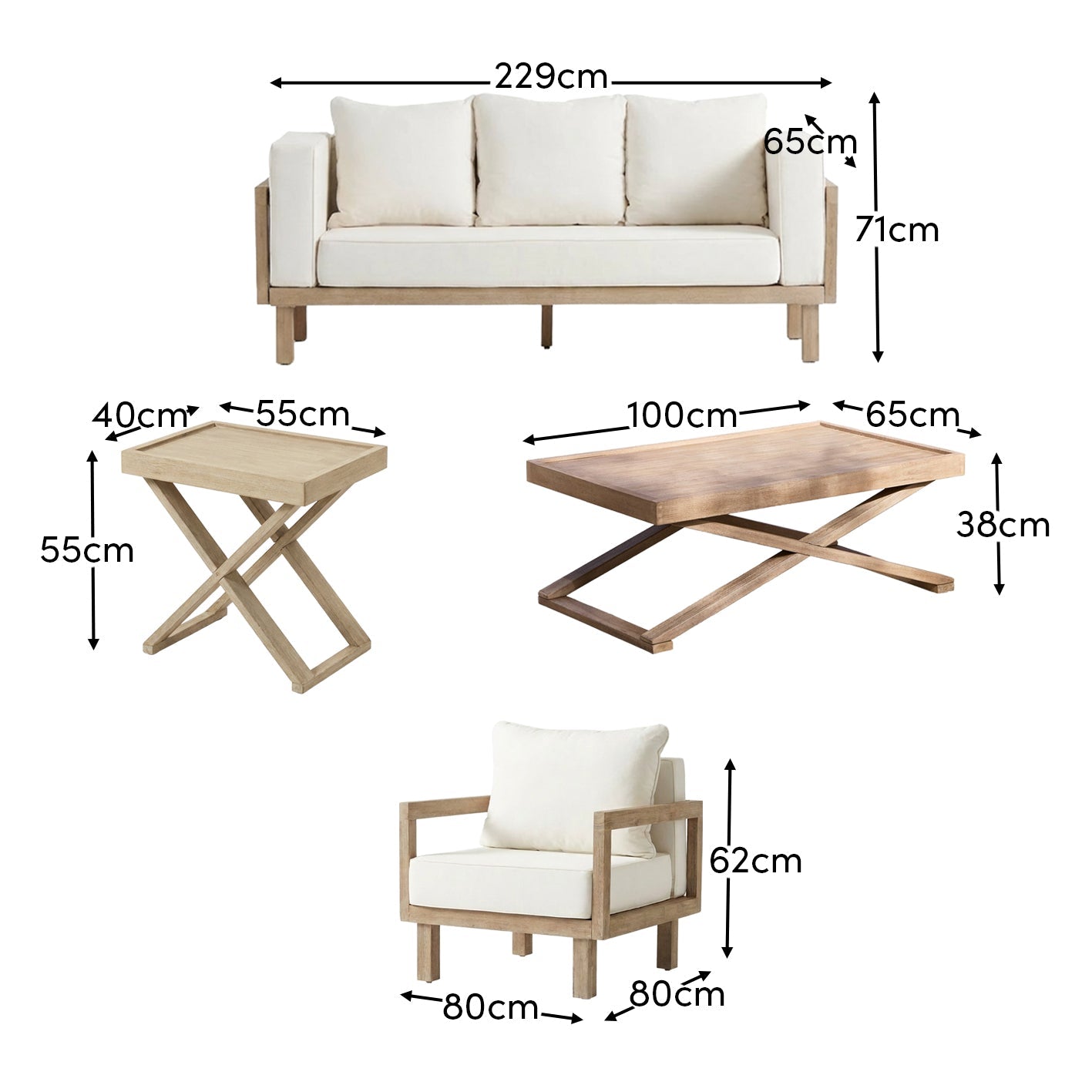 Akira 5 Seater Wooden Garden Set with Side Table and Coffee Table