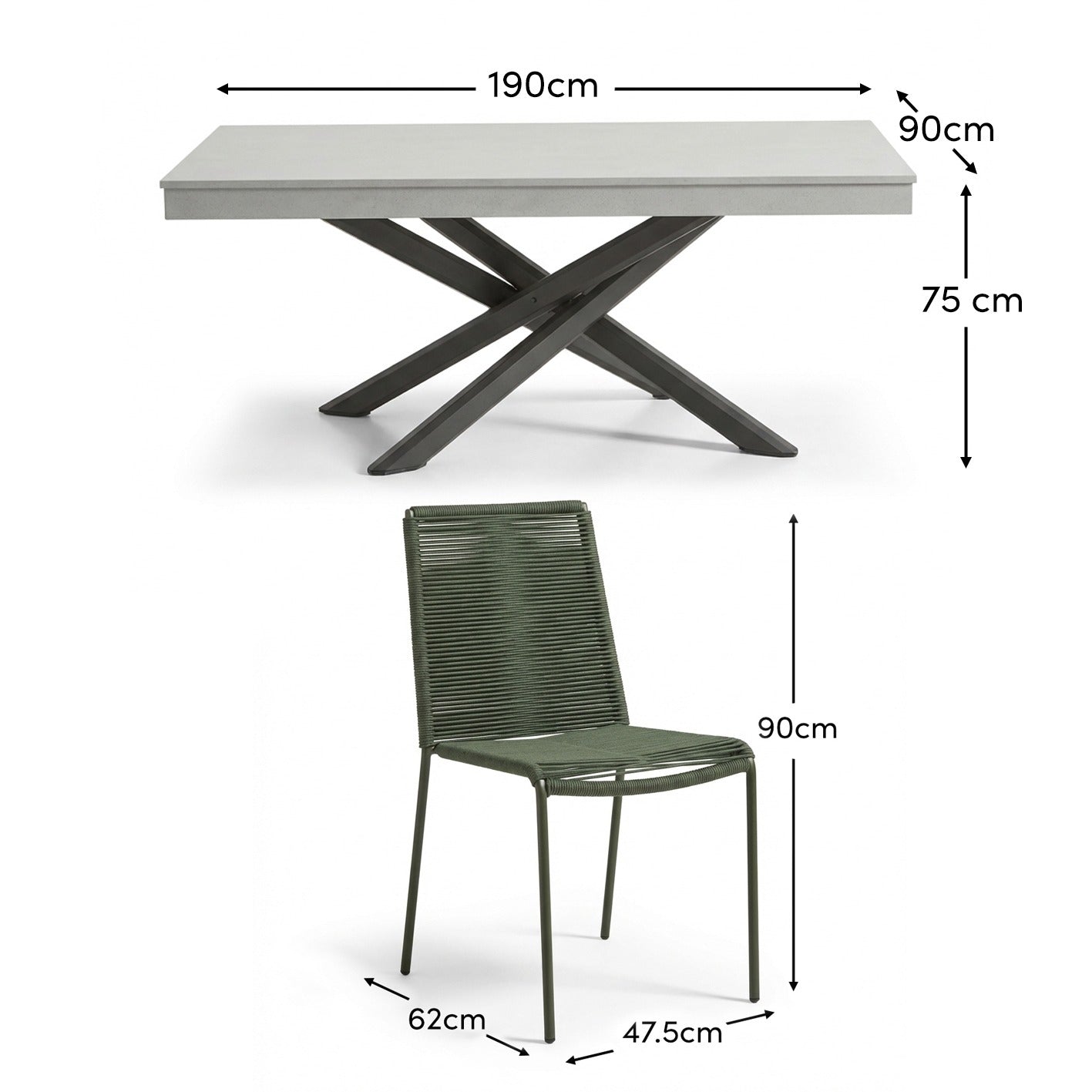 Amelia 6 Seater Pale Grey Concrete Garden Dining Set with Ryder Khaki Chairs