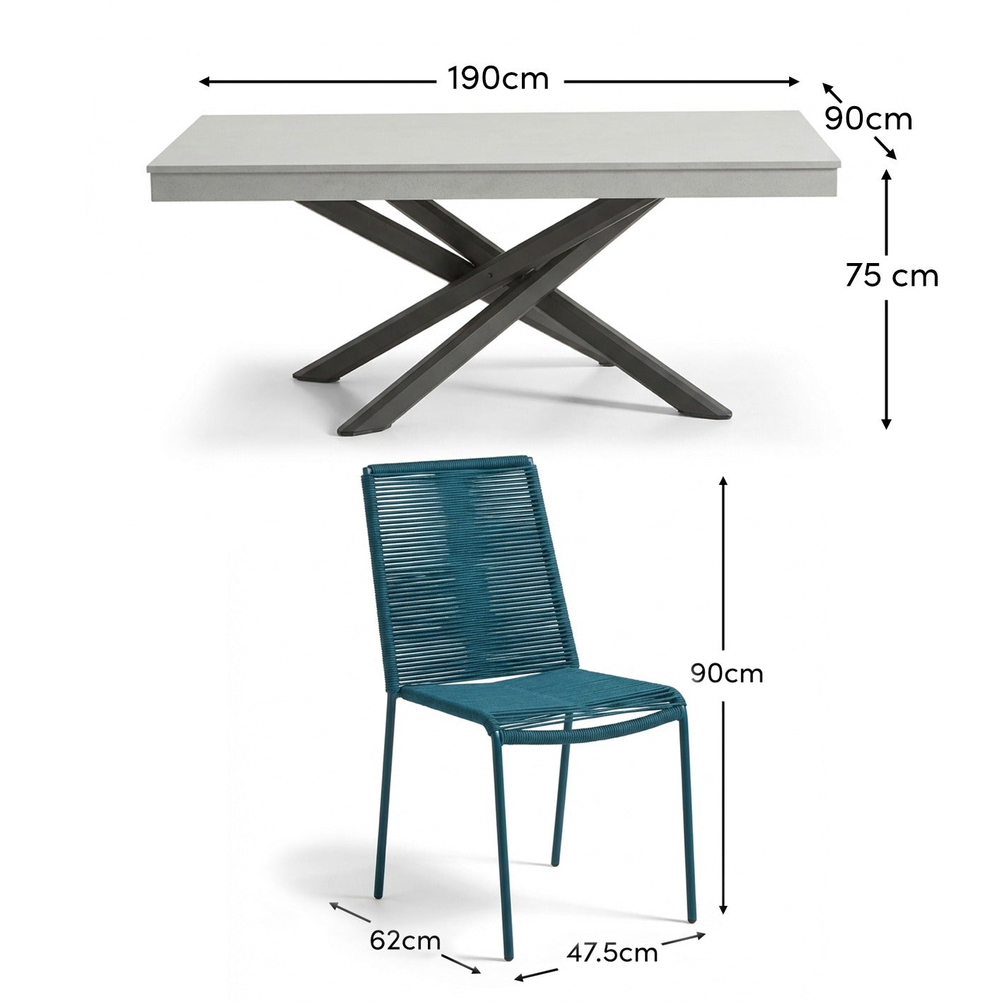 Amelia 6 Seater Pale Grey Concrete Garden Dining Set with Ryder Teal Chairs