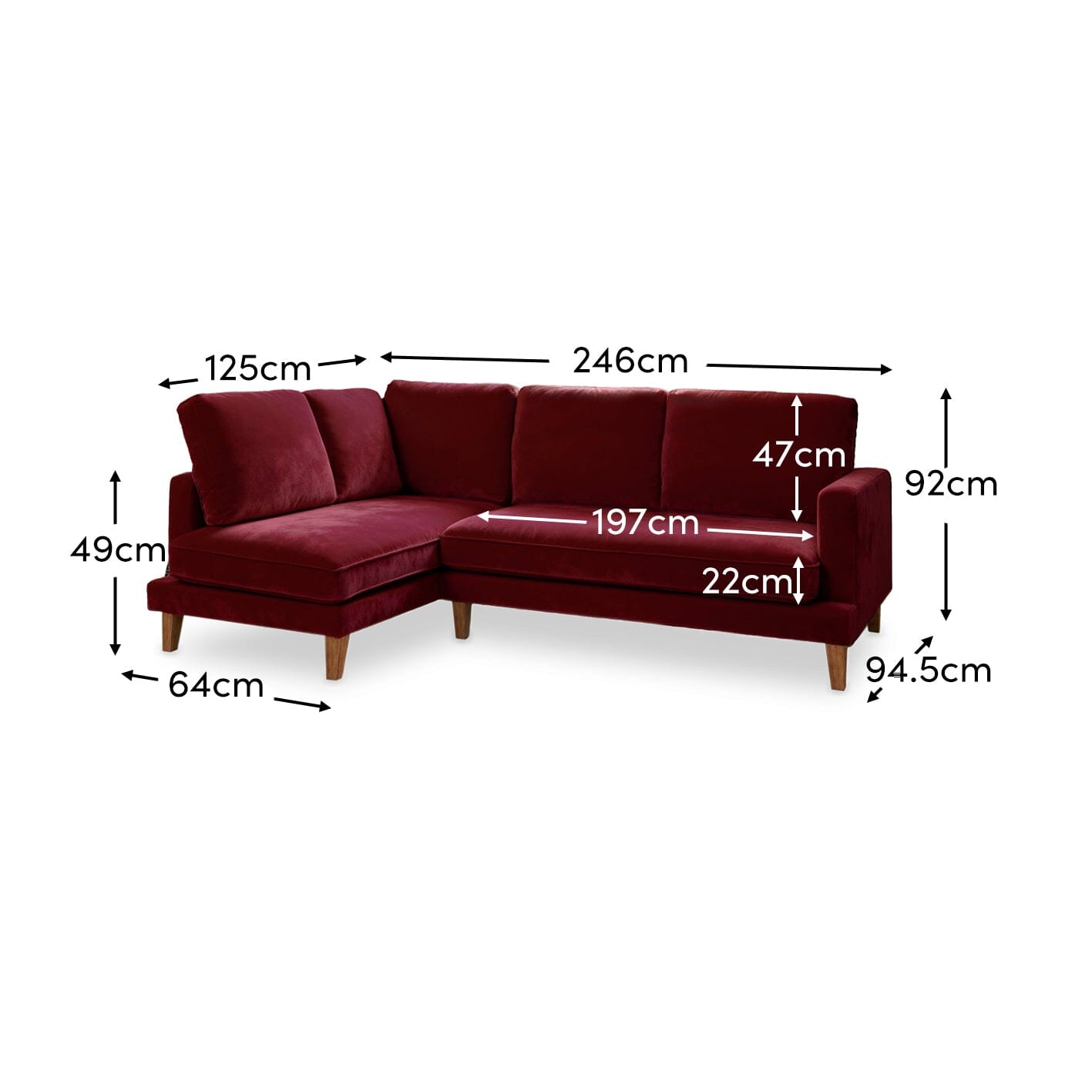 Gillian 3 Seater Large Corner Sofa - Burgundy Red Velvet with Dark Oak Legs