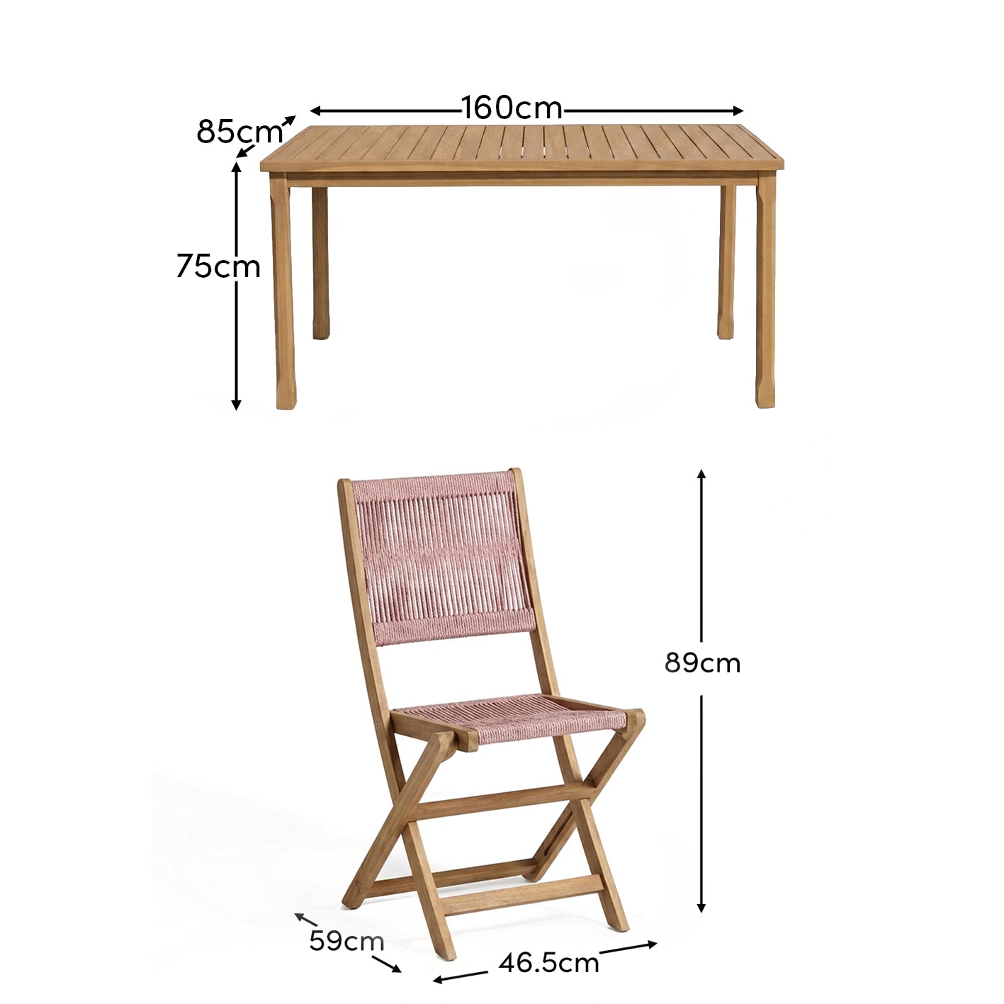Harlyn 4 Seater Wooden Garden Dining Set with Cove Pink Rope Chairs - 160cm