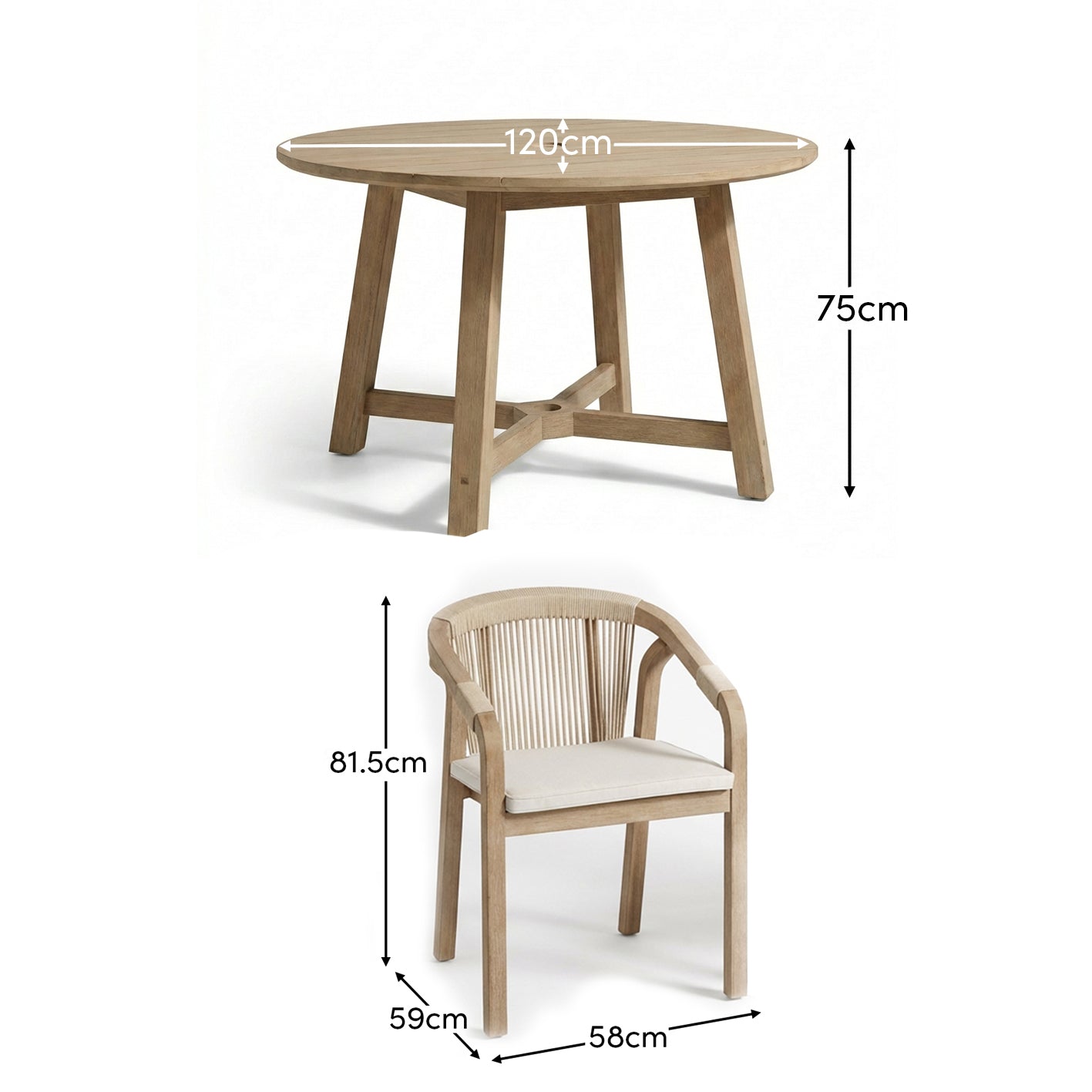 Shiro 4 Seater Round Wooden Garden Dining Set with Shiro Beige Rope Dining Chairs - 120cm