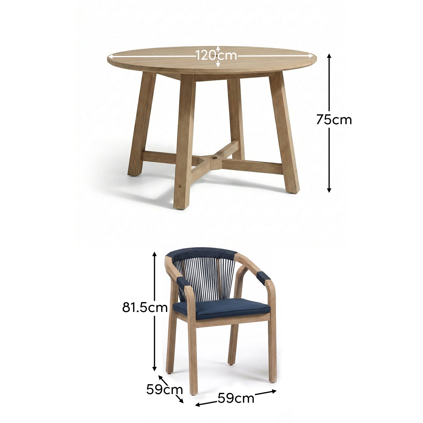 Shiro 4 Seater Round Wooden Garden Dining Set with Shiro Navy Rope Dining Chairs - 120cm