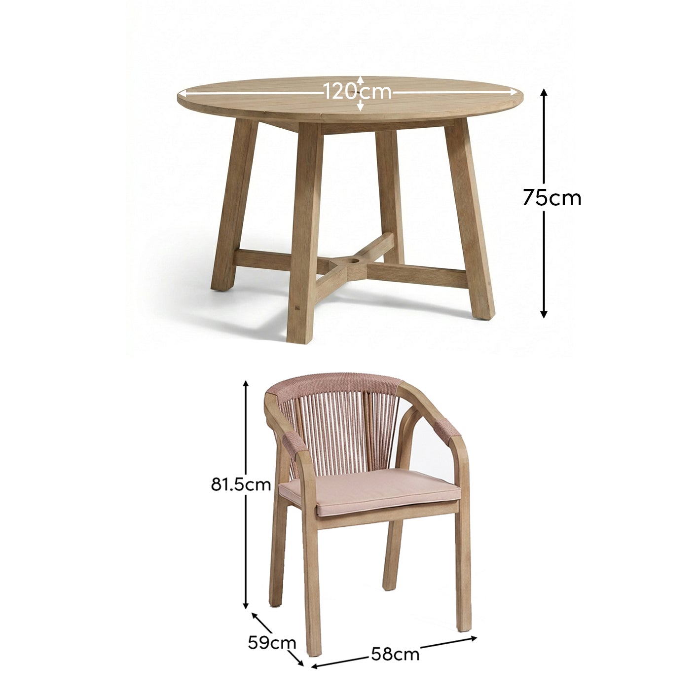 Shiro 4 Seater Round Wooden Garden Dining Set with Shiro Pink Rope Dining Chairs - 120cm
