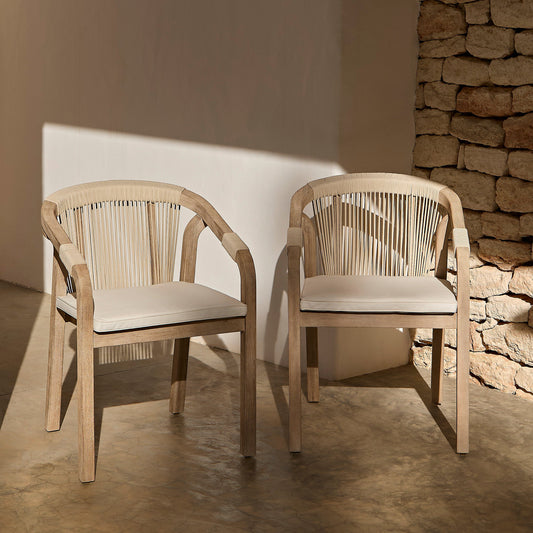 Shiro 6 Seater Wooden Garden Dining Set with Shiro Beige Rope Chairs & Bench - 180cm