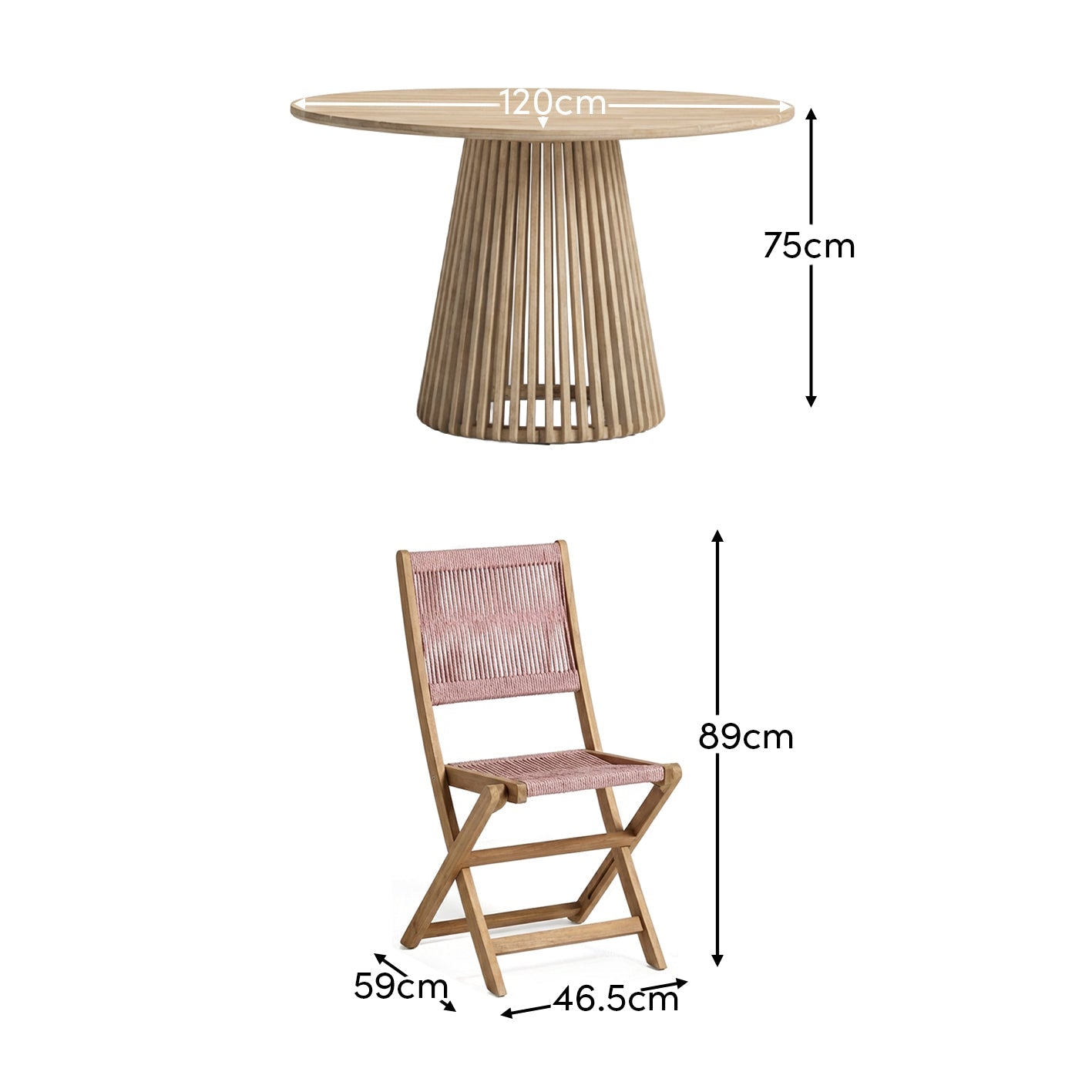 Willow 4 Seater White Acacia Round Garden Dining Set with Cove Pink Rope Chairs