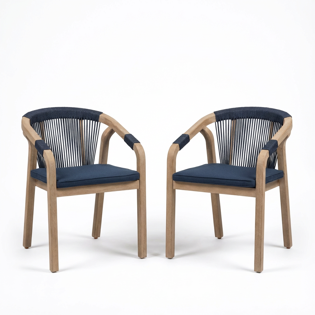 Shiro 6 Seater Wooden Garden Dining Set with Shiro Navy Rope Chairs & Bench - 180cm