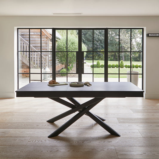 Amelia Black Extending Dining Table Set - 6 Seater - Chloe Light Beige Boucle Dining Chairs - Black Oak Legs