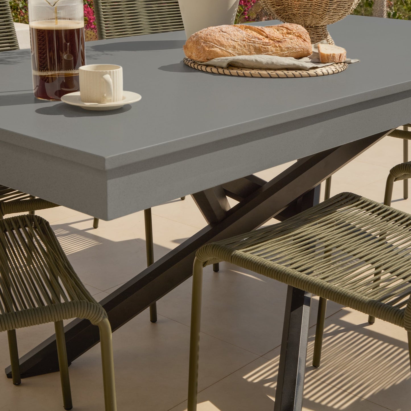 Amelia 6 Seater Dove Grey Concrete Garden Dining Set with Ryder Khaki Chairs