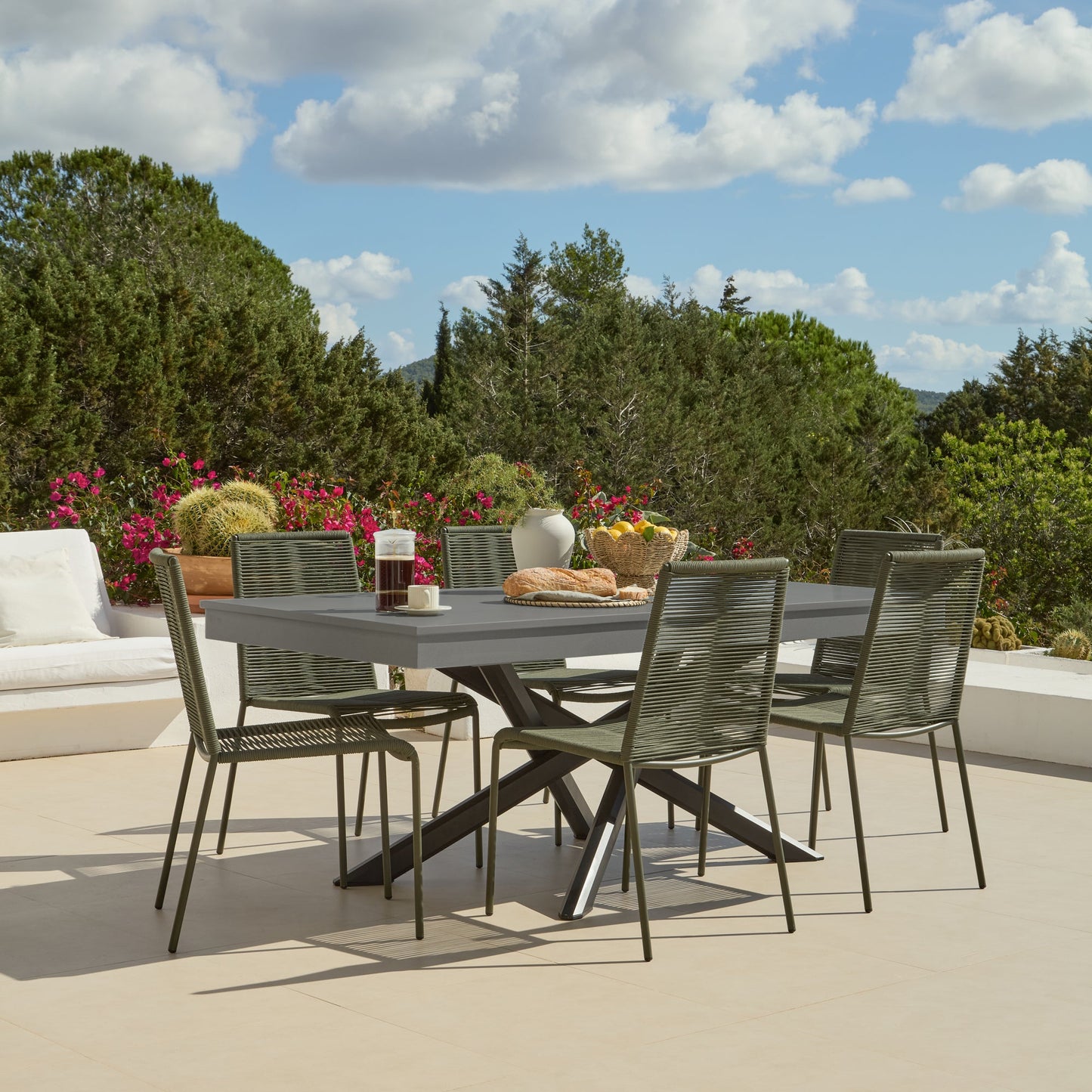 Amelia 6 Seater Dove Grey Concrete Garden Dining Set with Ryder Khaki Chairs
