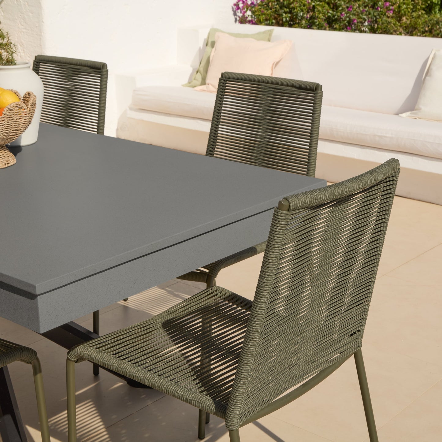 Amelia 6 Seater Dove Grey Concrete Garden Dining Set with Ryder Khaki Chairs