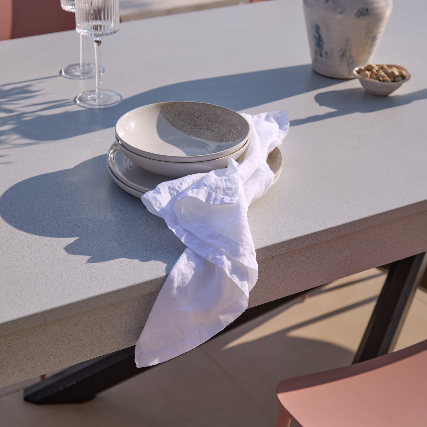 Amelia 6 Seater Pale Grey Concrete Garden Dining Set with Wren Dusty Pink Chairs