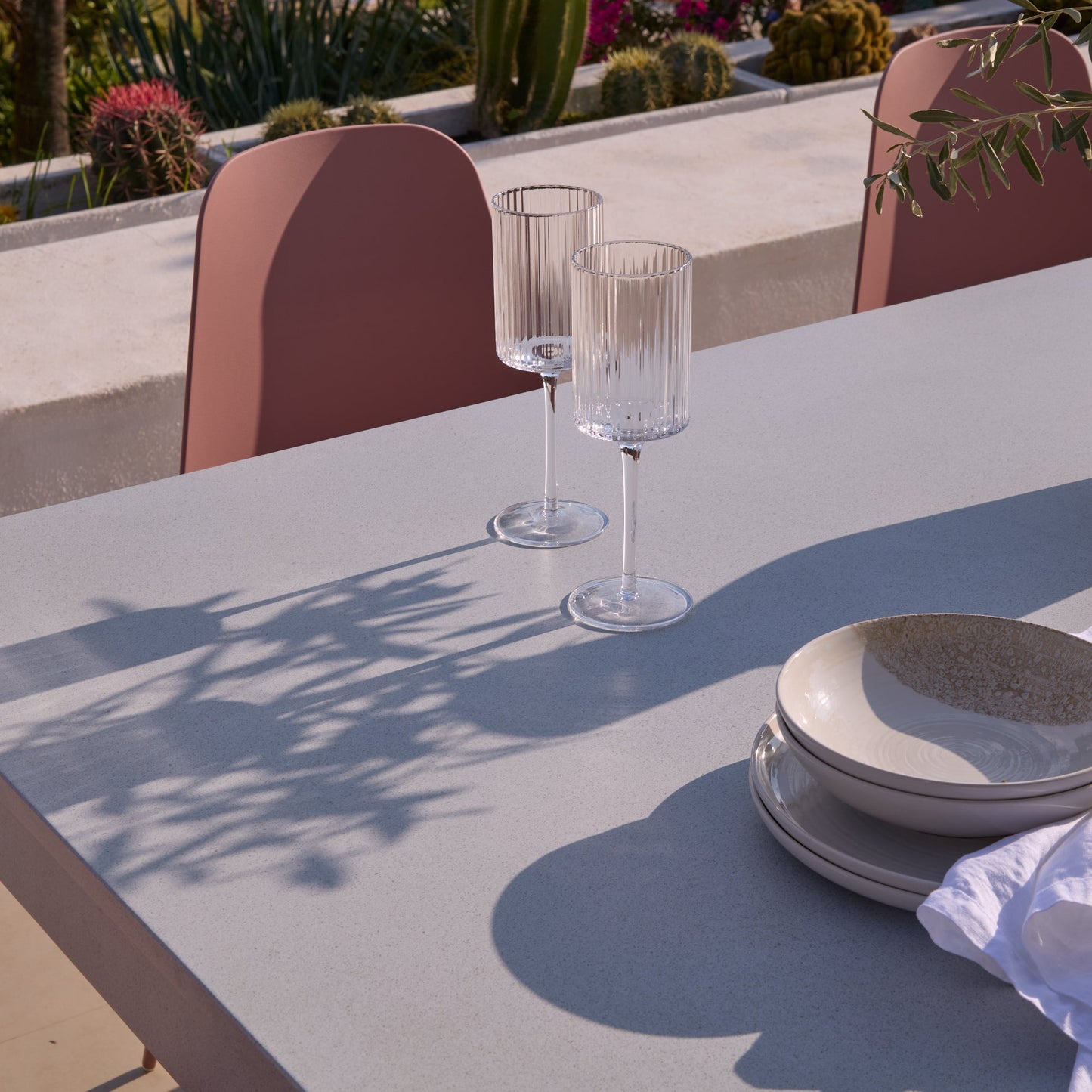 Amelia 6 Seater Pale Grey Concrete Garden Dining Set with Wren Dusty Pink Chairs