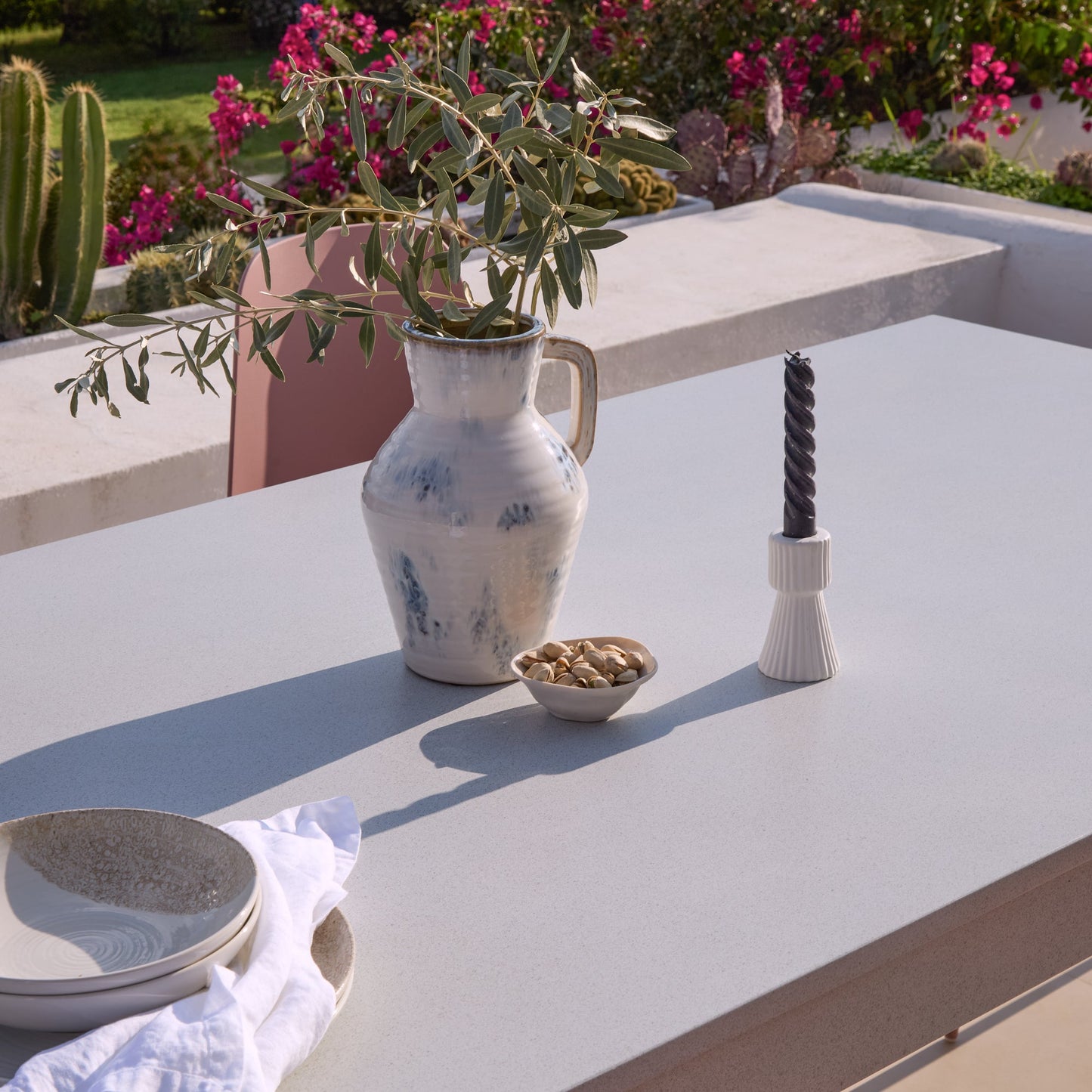 Amelia 6 Seater Pale Grey Concrete Garden Dining Set with Wren Dusty Pink Chairs