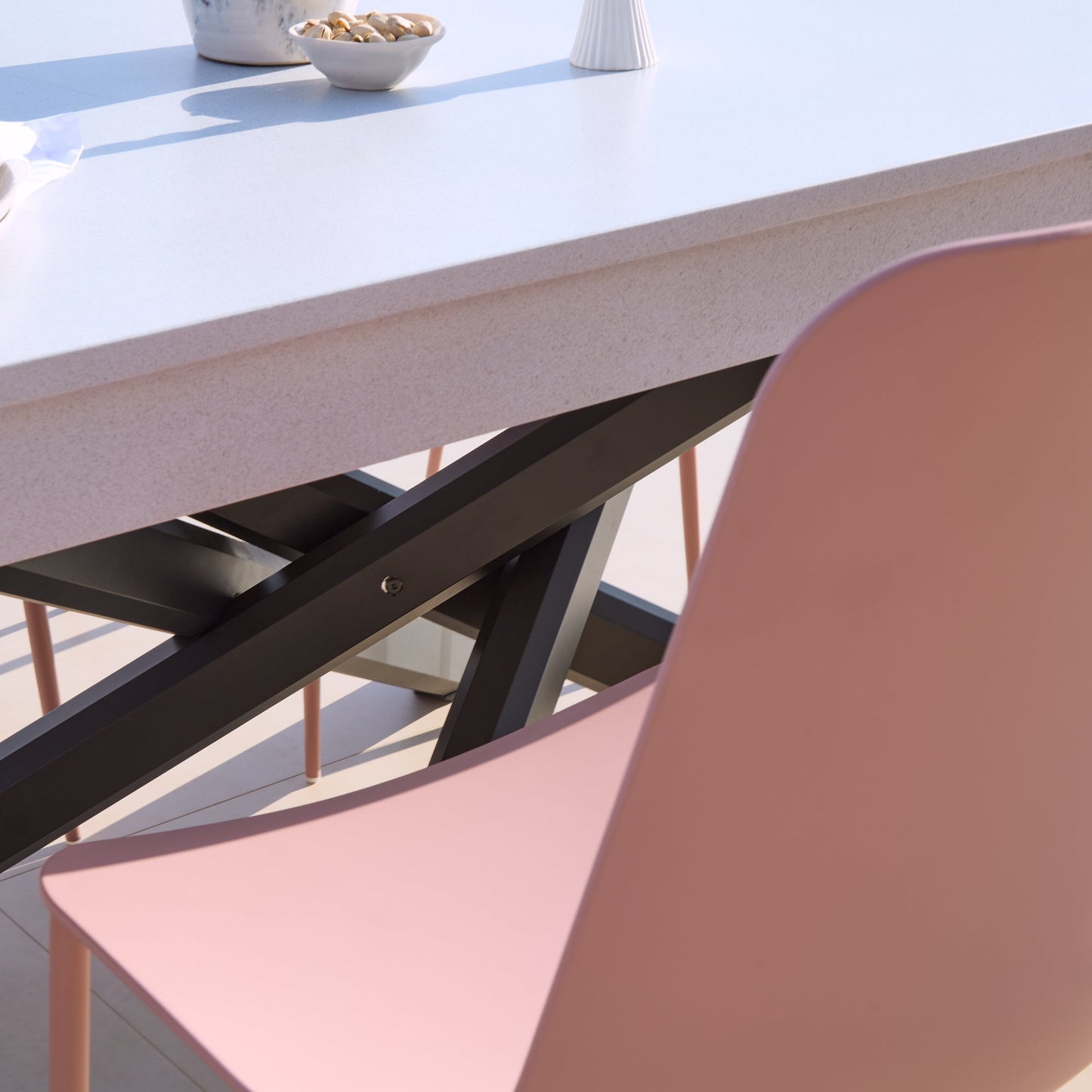 Amelia 6 Seater Pale Grey Concrete Garden Dining Set with Wren Dusty Pink Chairs