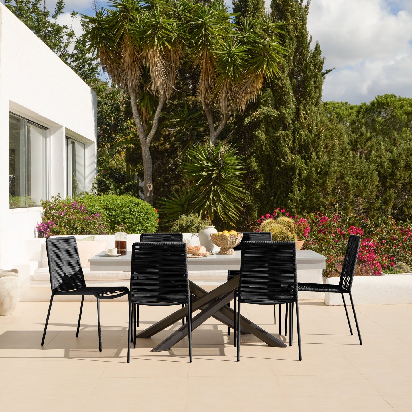 Amelia 6 Seater Pale Grey Concrete Garden Dining Set with Ryder Black Chairs