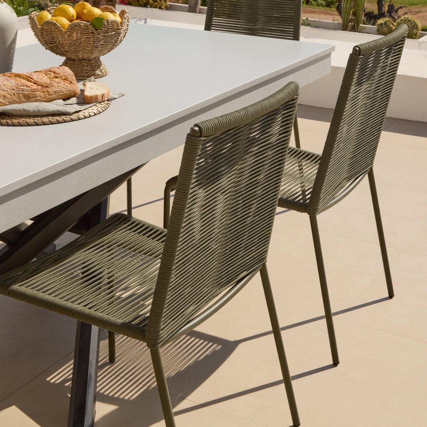 Amelia 6 Seater Pale Grey Concrete Garden Dining Set with Ryder Khaki Chairs