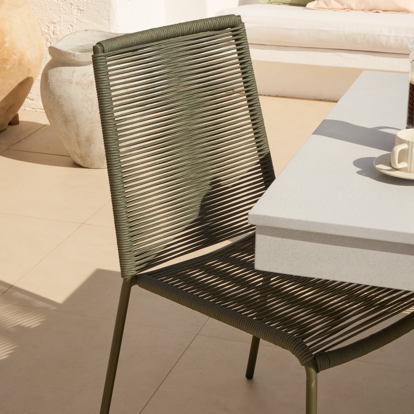 Amelia 6 Seater Pale Grey Concrete Garden Dining Set with Ryder Khaki Chairs