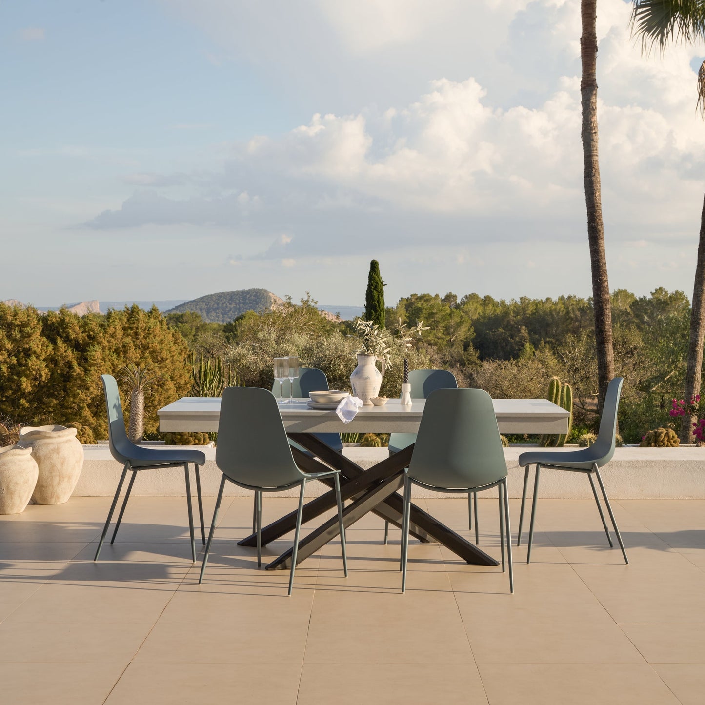 Amelia 6 Seater Pale Grey Concrete Garden Dining Set with Wren Blue Chairs