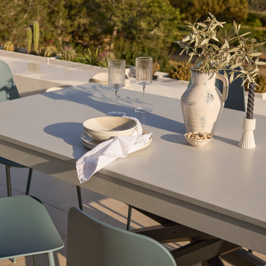 Amelia 6 Seater Pale Grey Concrete Garden Dining Set with Wren Blue Chairs