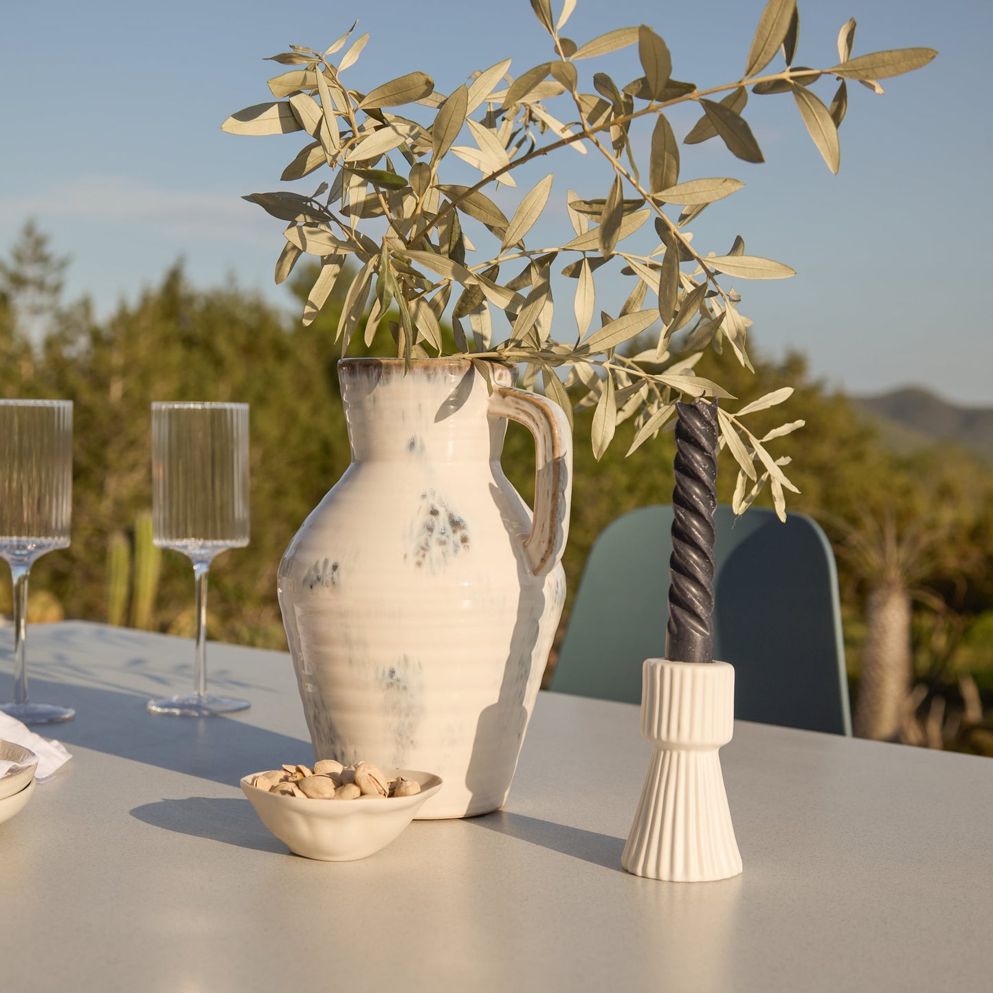 Amelia 6 Seater Pale Grey Concrete Garden Dining Set with Wren Blue Chairs