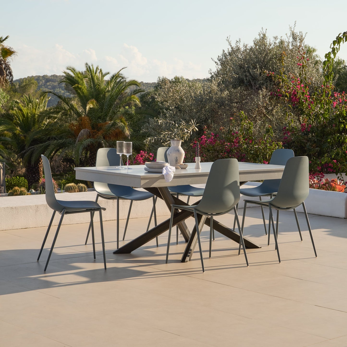 Amelia 6 Seater Pale Grey Concrete Garden Dining Set with Wren Blue Chairs