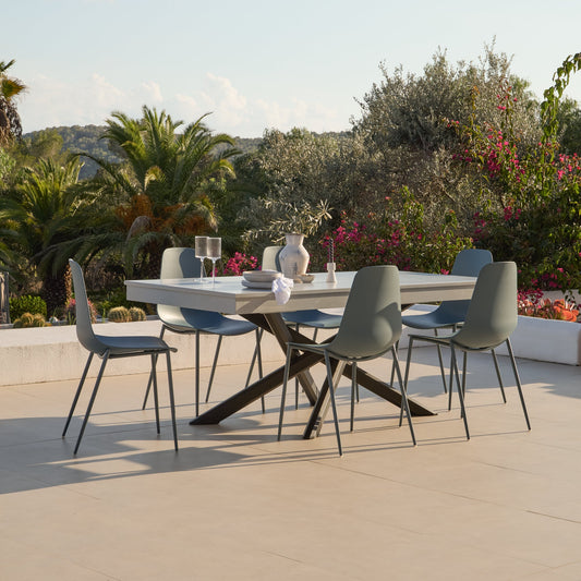Amelia 6 Seater Pale Grey Concrete Garden Dining Set with Wren Blue Chairs