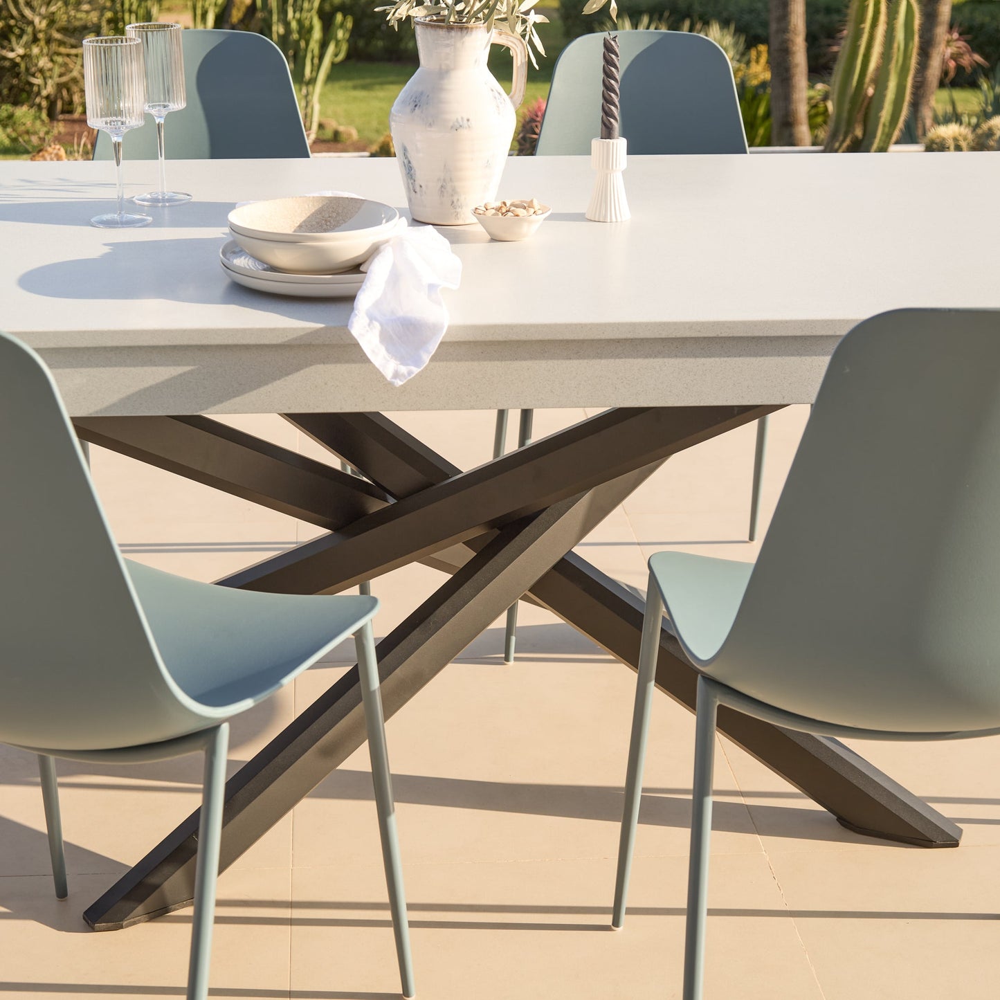 Amelia 6 Seater Pale Grey Concrete Garden Dining Set with Wren Blue Chairs