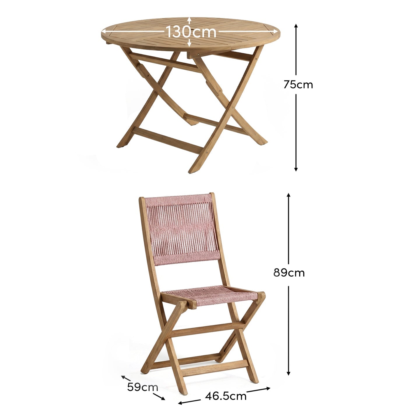 Ashby 4 Seater White Acacia Garden Dining Set with Cove Pink Rope Chairs - 130cm