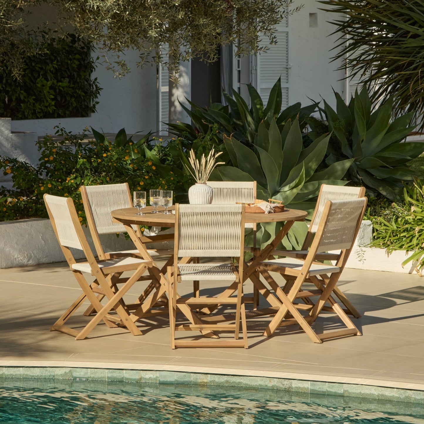 Ashby 6 Seater White Acacia Garden Dining Set with Cove Beige Rope Chairs - 130cm