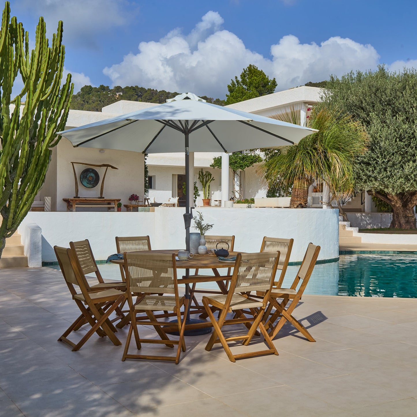 Ashby 8 Seater White Acacia Garden Dining Set with Cove Beige Rope Chairs - 160cm