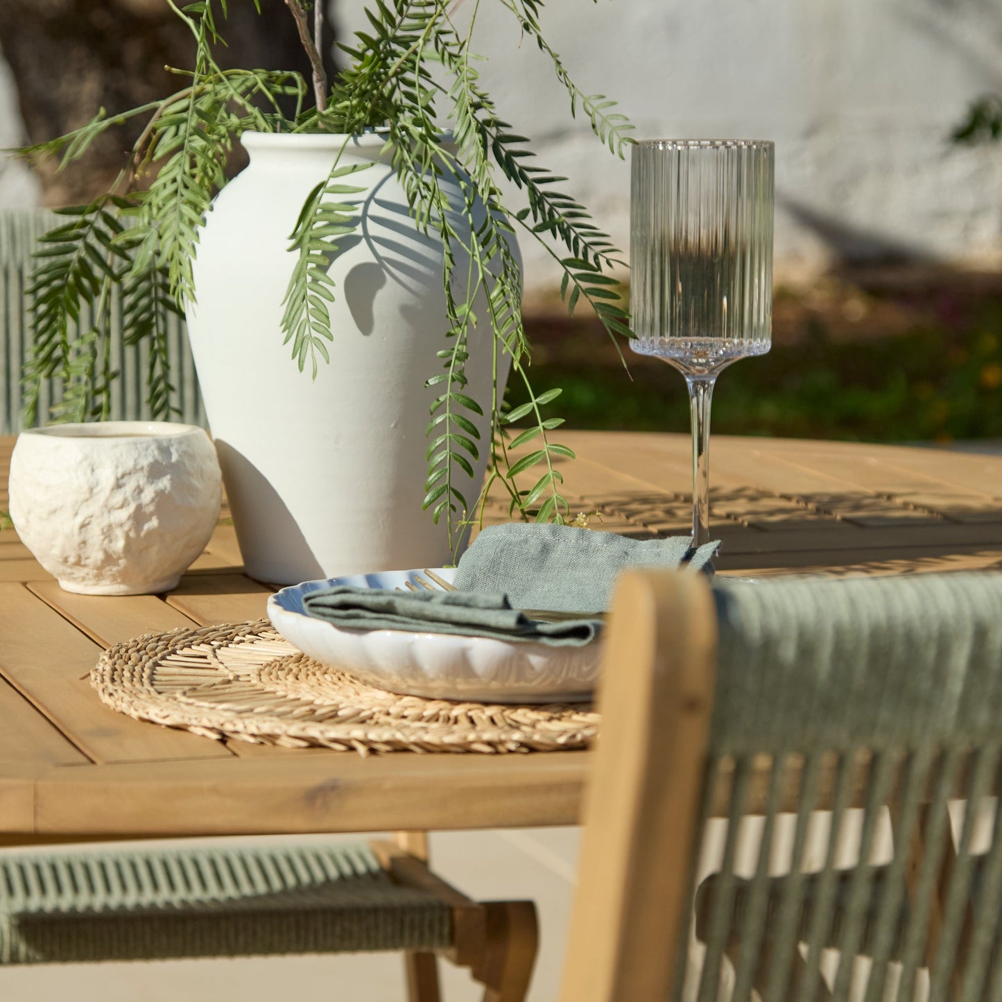 Ashby 6 Seater White Acacia Garden Dining Set with Cove Green Rope Chairs - 160cm