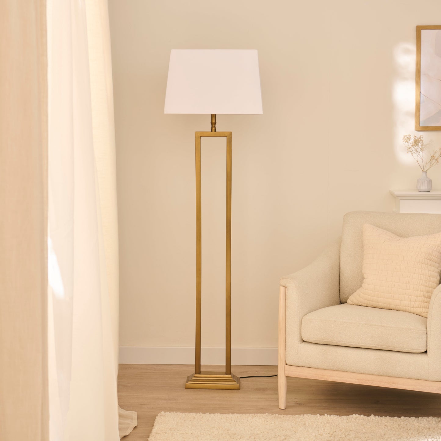 Purley 132cm Gold  Floor Lamp Base with Ashurst 46 x 30cm Shade - White