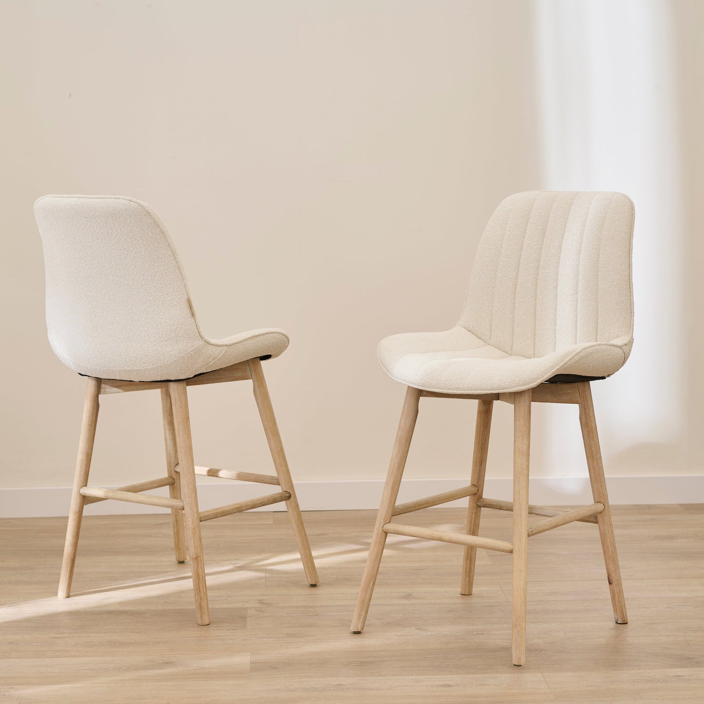 Bella Light Beige Boucle Bar Stool - Whitewash Legs