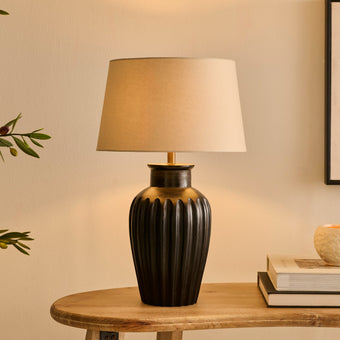 compare product Burcot Black Mango Wood Lamp Coningsby Taupe Shade - 30cm