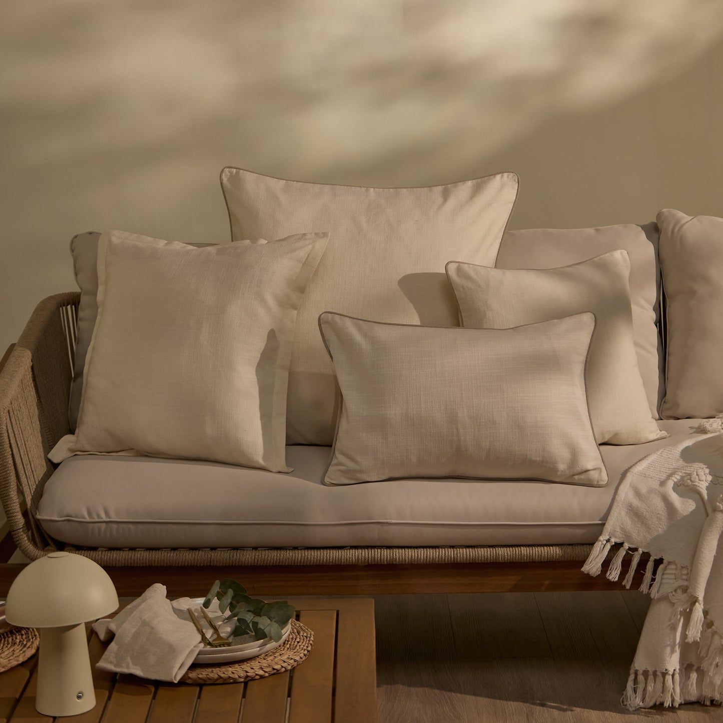 Camber 35x55cm Outdoor Cushion Cover - Off White with Sage Green Piping