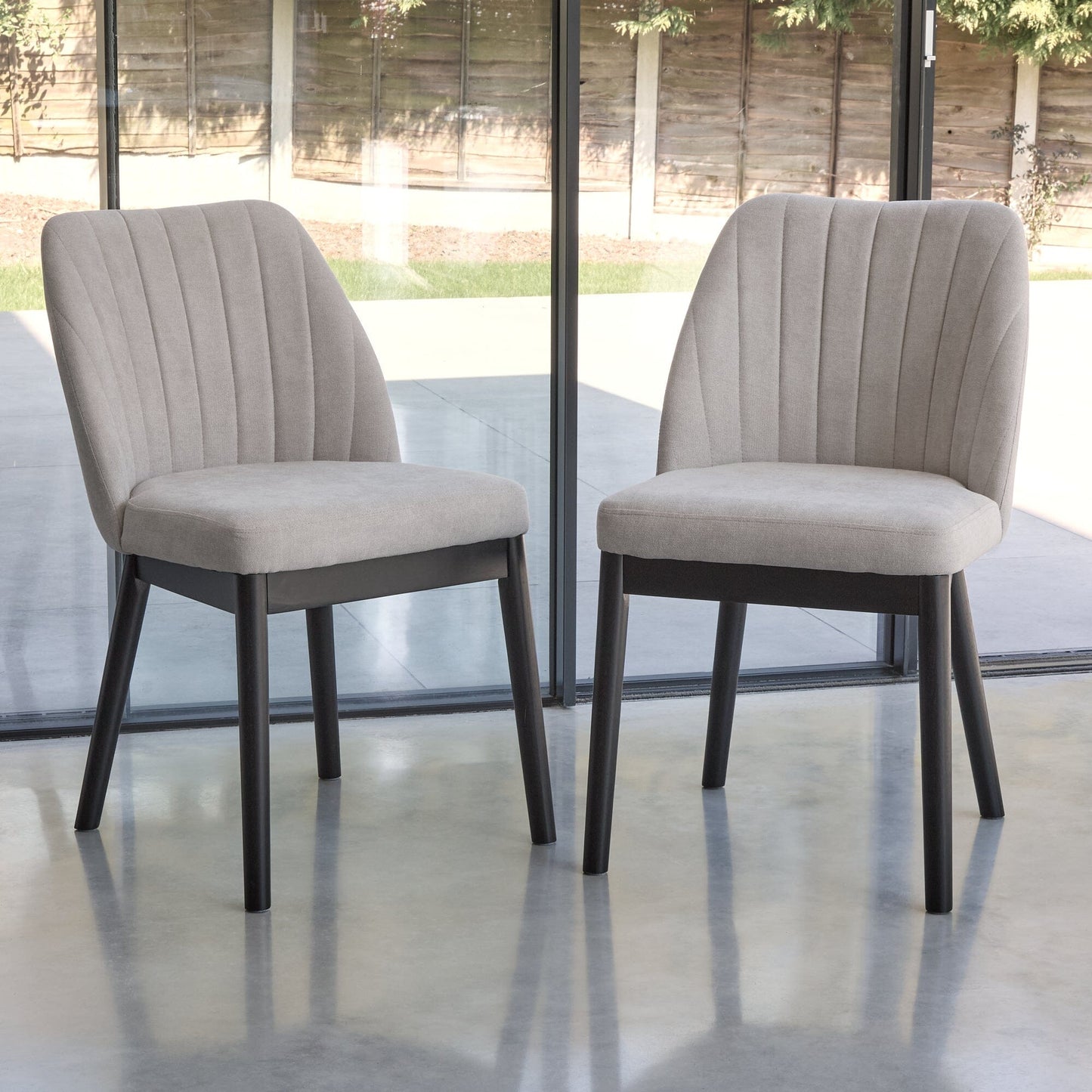 Amelia Black Extending Dining Table Set - 6 Seater - Chloe Soft Beige Dining Chairs - Black Oak Legs