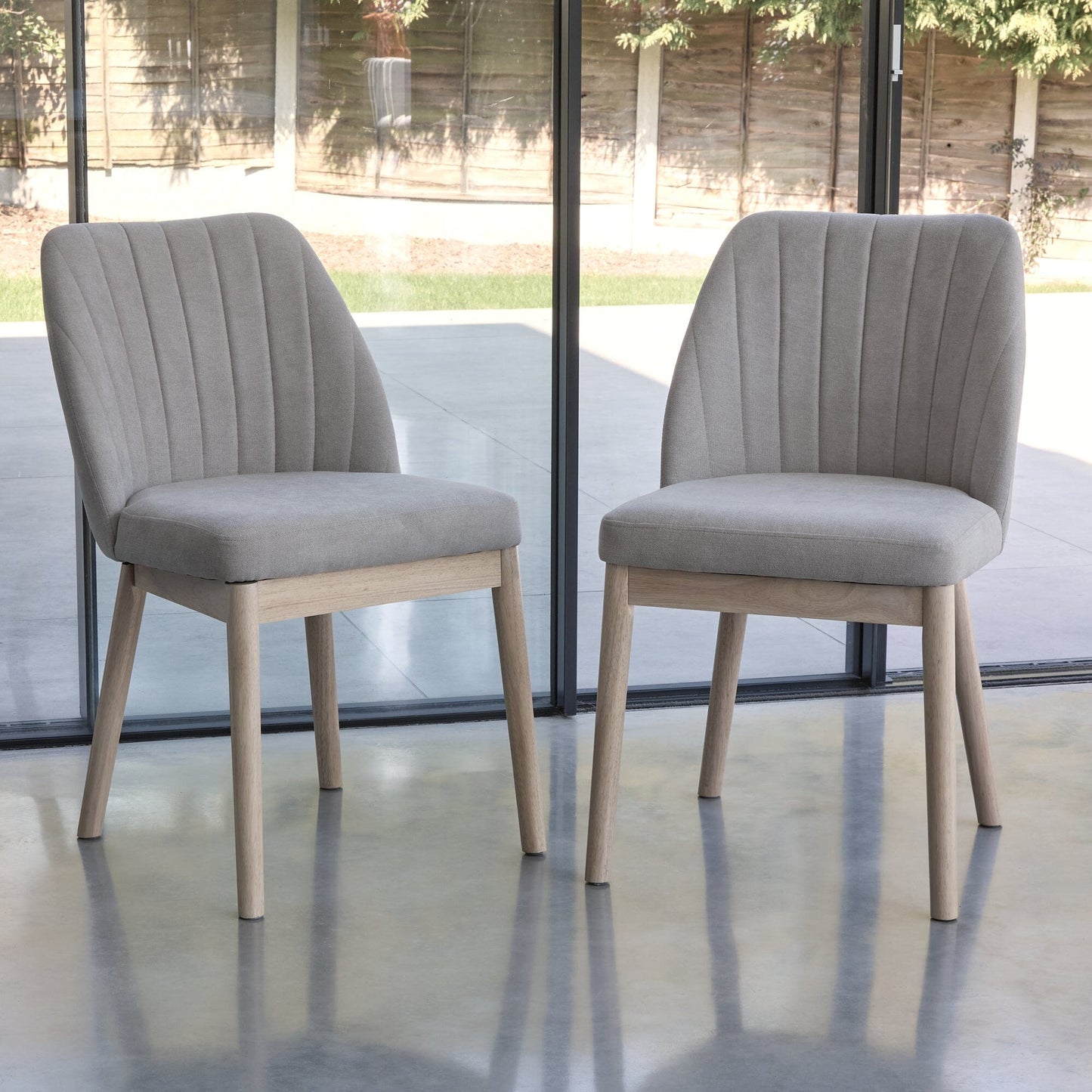 Amelia Whitewash Oak Extending Dining Table Set - 6 Seater - Chloe Soft Beige Dining Chairs - Whitewash Oak Legs