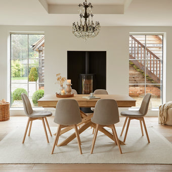 compare product Amelia Whitewash Extending Dining Table Set - 6 Seater - Ellis Soft Beige Dining Chairs - Whitewash Legs