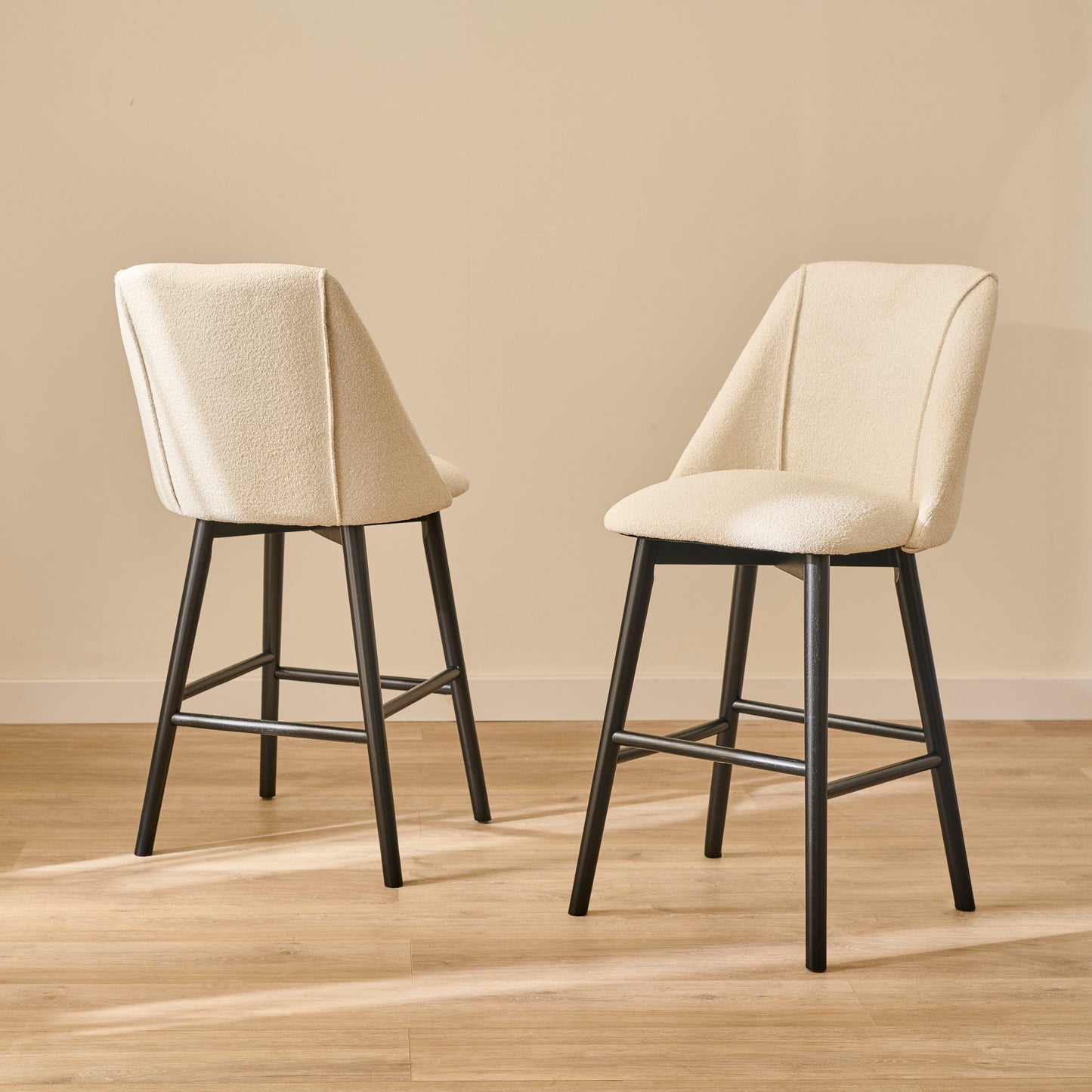 Freya Light Beige Boucle Bar Stool -  Black Legs