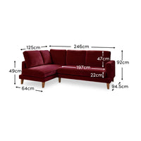 Gillian 3 Seater Large Corner Sofa - Burgundy Red Velvet with Dark Oak Legs