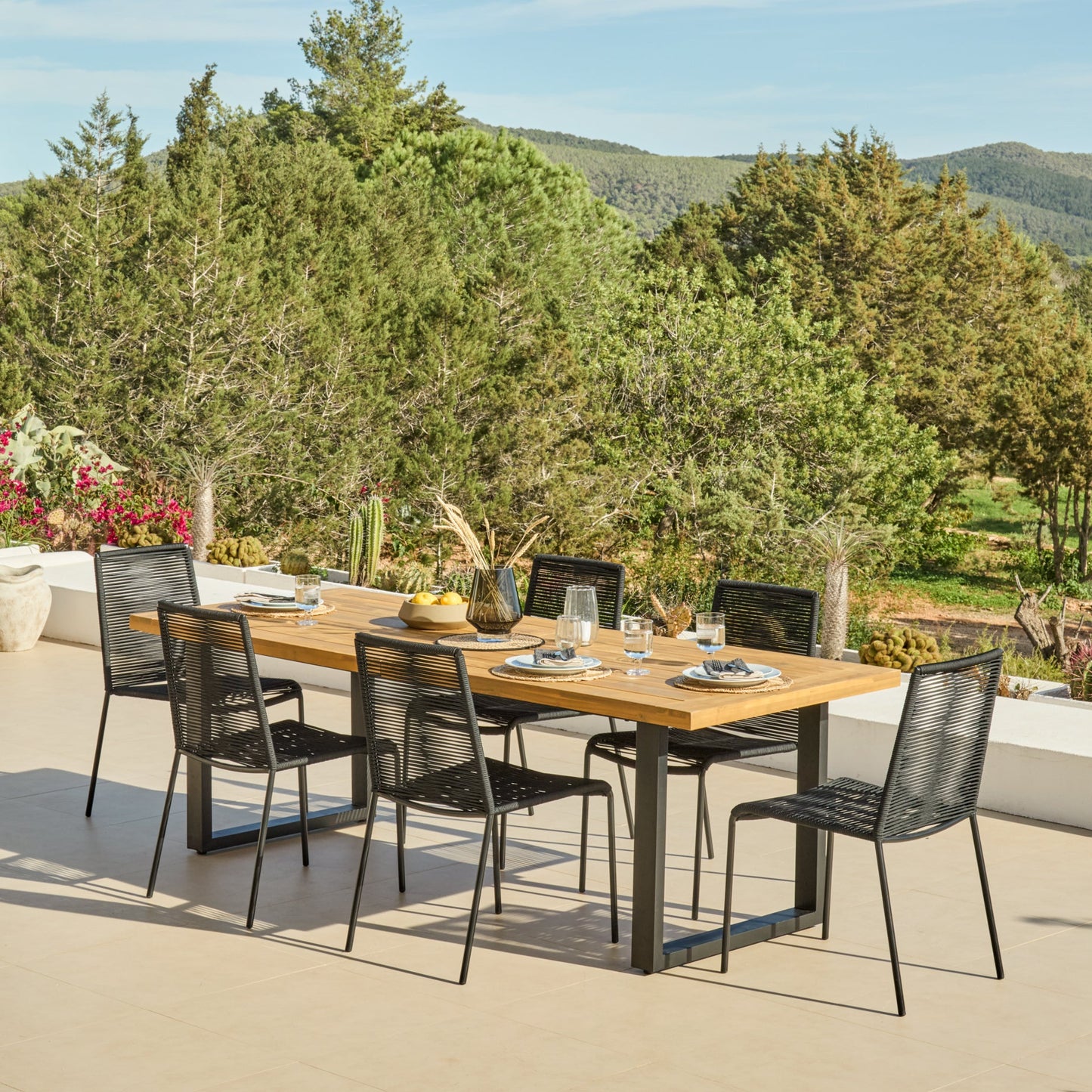Hali 6 Seater Wooden Garden Dining Set with Ryder Black Chairs - 175cm