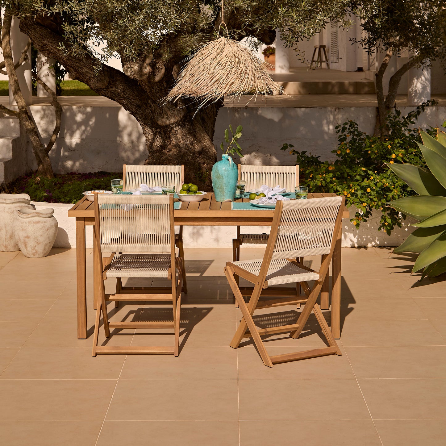 Harlyn 4 Seater Wooden Garden Dining Set with Cove Beige Chairs - 160cm