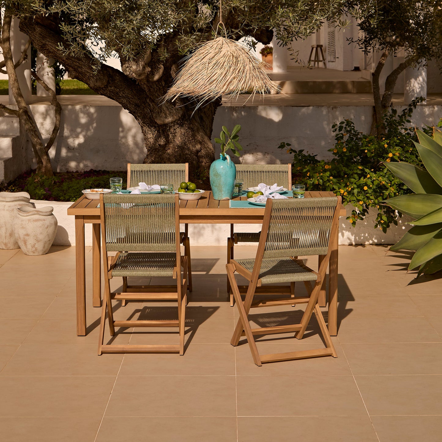 Harlyn 4 Seater Wooden Garden Dining Set with Cove Green Rope Chairs - 160cm