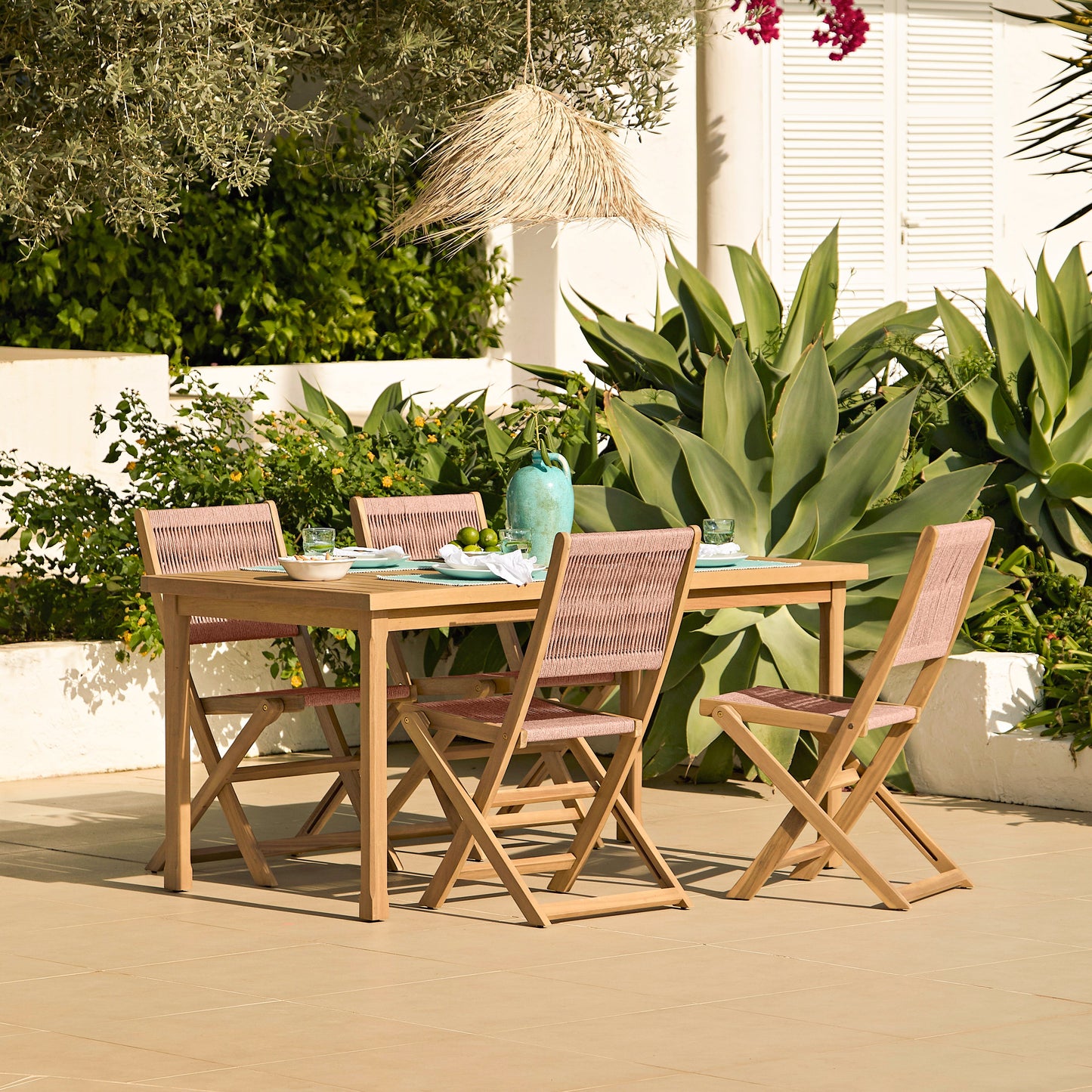 Harlyn 4 Seater Wooden Garden Dining Set with Cove Pink Rope Chairs - 160cm