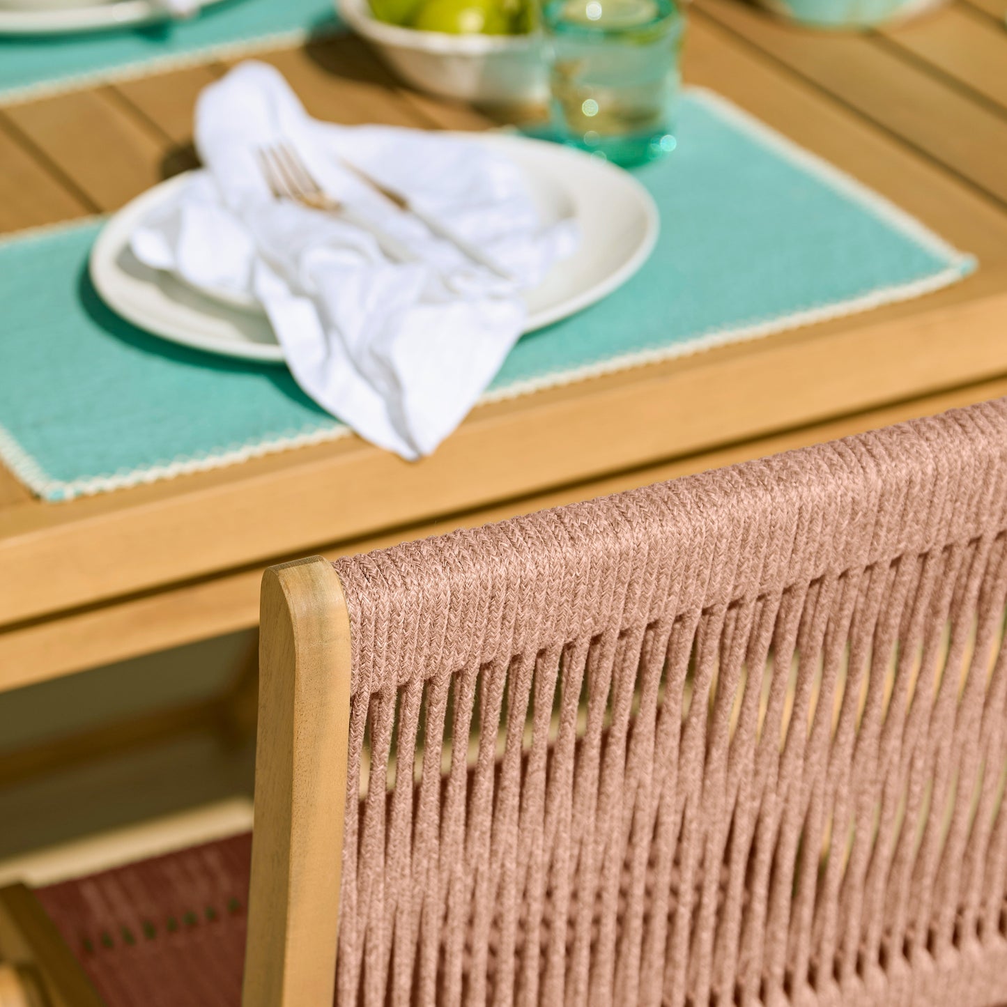 Harlyn 4 Seater Wooden Garden Dining Set with Cove Pink Rope Chairs - 160cm