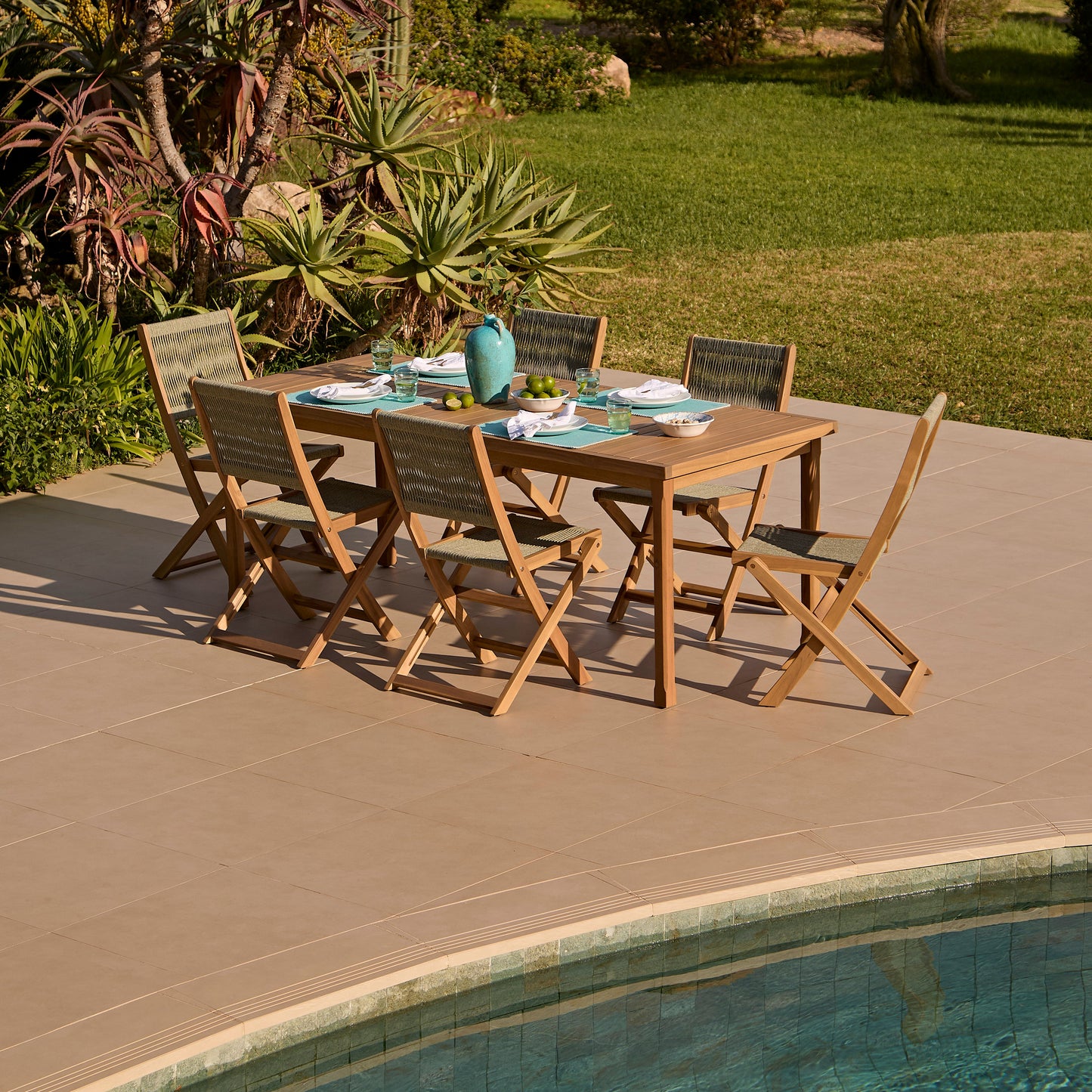 Harlyn 6 Seater Wooden Garden Dining Set with Cove Green Rope Chairs - 200cm