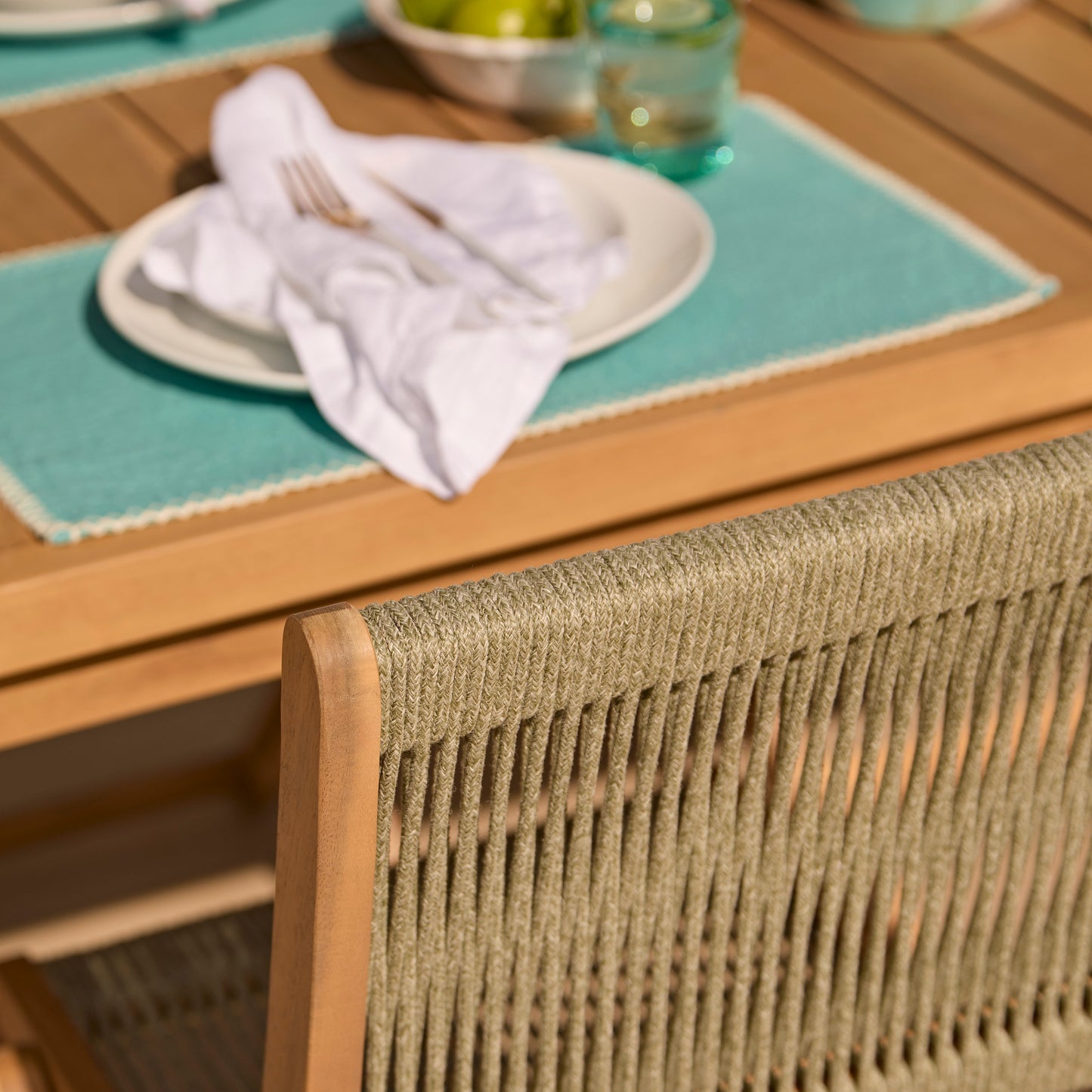 Harlyn 6 Seater Wooden Garden Dining Set with Cove Green Rope Chairs - 200cm
