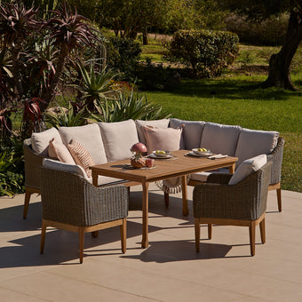 compare product Harlyn 6 Seater Wooden Garden Dining Set with Corner Sofa & 2 Harlyn Dining Armchairs