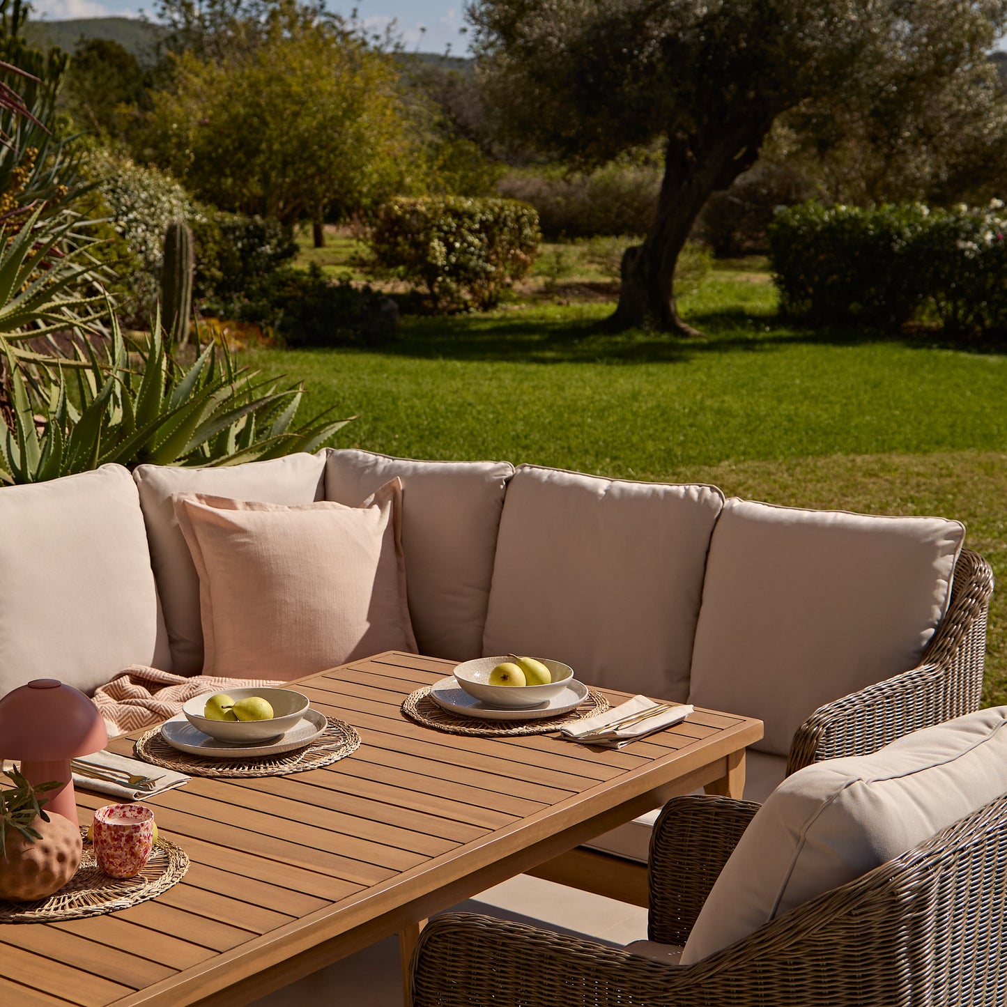 Harlyn 6 Seater Wooden Garden Dining Set with Corner Sofa & 2 Harlyn Dining Armchairs